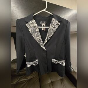 Spago Black Blazer with White Floral Lace Trim Bows On Pockets